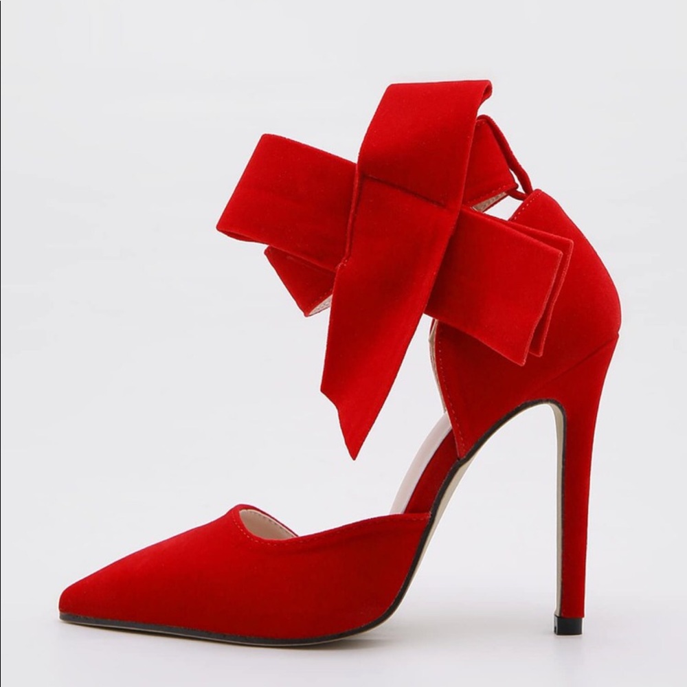Sold! NEW MMJoly 💋 Red Suede Bow Stilettos - Picture 2 of 9